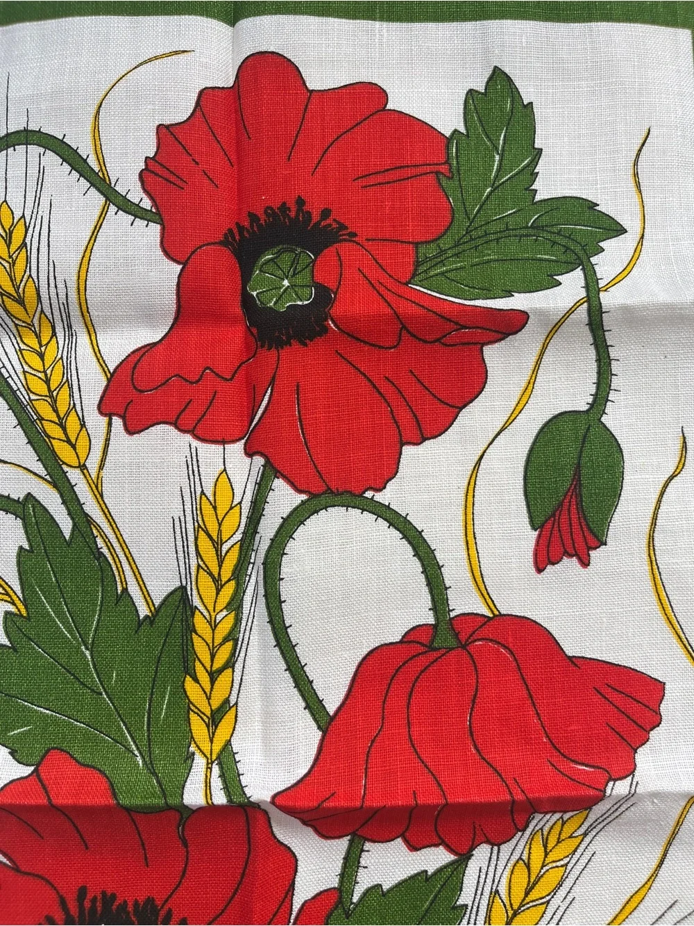 NEW Vtg Ulster Irish Linen Tea Towel Poppies & Corn Joan Wemyss Green Red Floral